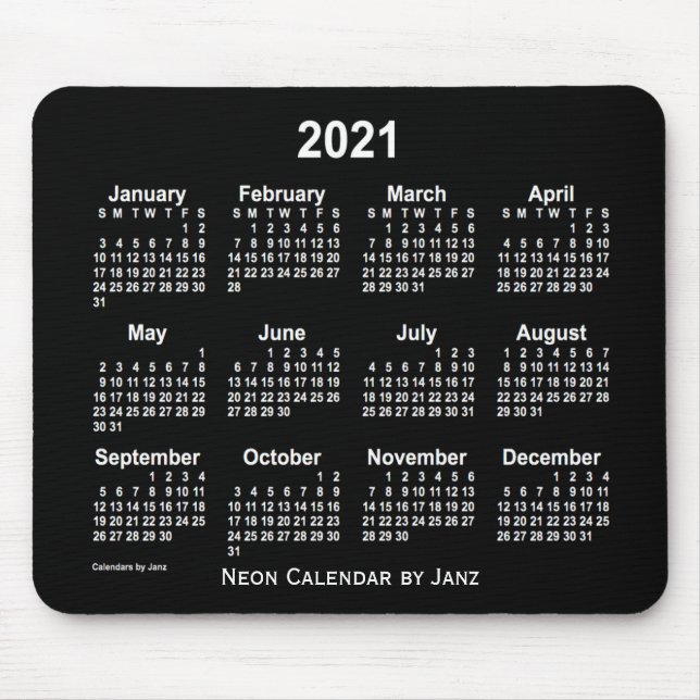 Mousepad Calendário branco neon 2021 de Janz (Frente)