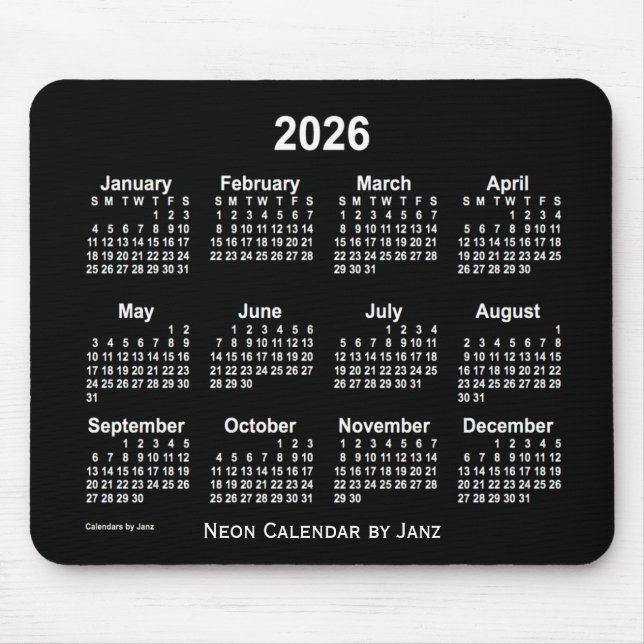 Mousepad Calendário Branco Neon 2026 de Janz (Frente)