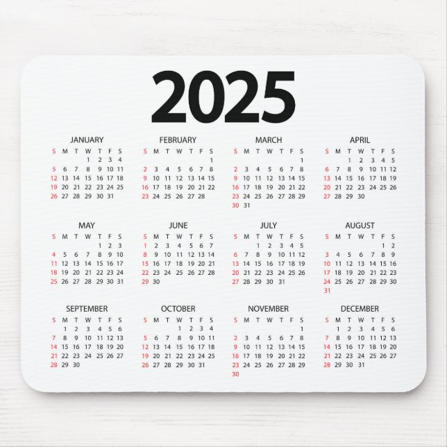 Mousepad Calendário Branco Super Simples 2025 (Frente)