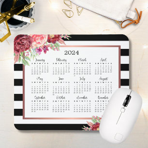 Mousepad Calendário Burgundy Floral Black Stripes 2024