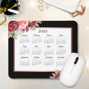 Mousepad Calendário Burgundy Rosa Floral Black 2023