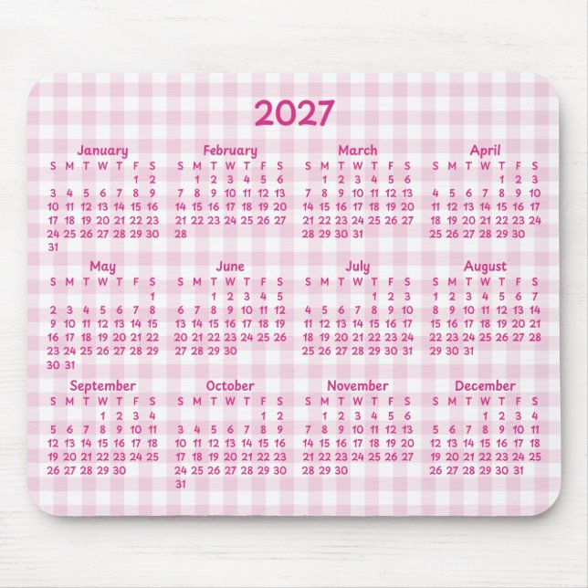 Mousepad Calendário Caprichoso 2027 Rosa Pálido Xadrez (Frente)