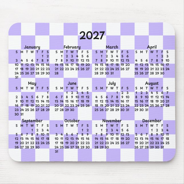 Mousepad Calendário Caprichoso de 2027 com Xadrez Lavanda e (Frente)