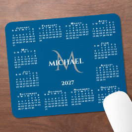 Mousepad Calendário Chic 2027 Monograma Nome em Azul