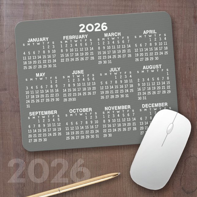 Mousepad Calendário - cinzas modernas e branco simples (2026 Calendar on a Mousepad)