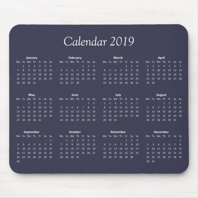 Mousepad Calendário Clássico Azul E Branco 2019 (Frente)