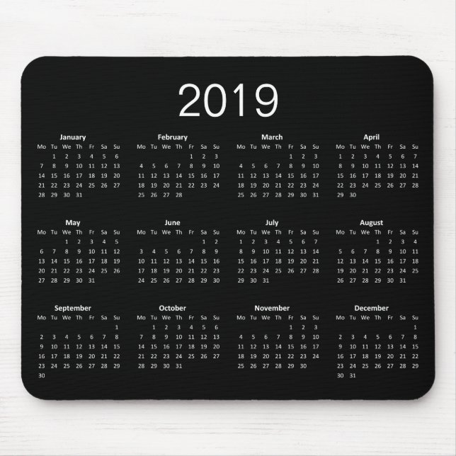 Mousepad Calendário Clássico Preto e Branco 2019 Simples (Frente)