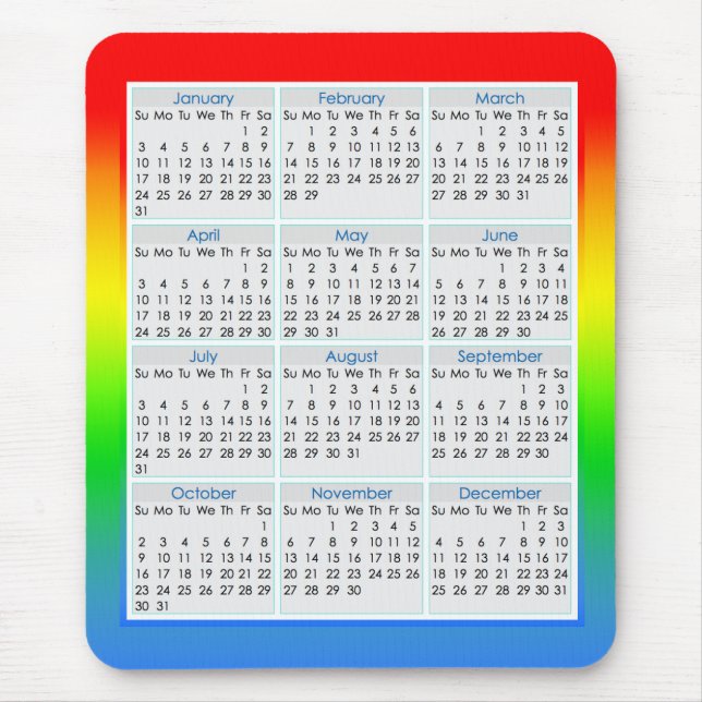 Mousepad Calendário colorido do tapete do rato para 2016 (Frente)