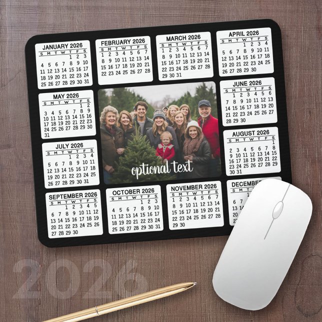 Mousepad Calendário com Foto no Centro de Branco Preto (2026 Calendar with your logo or photos - Great Business Gift or Home Office Decor)