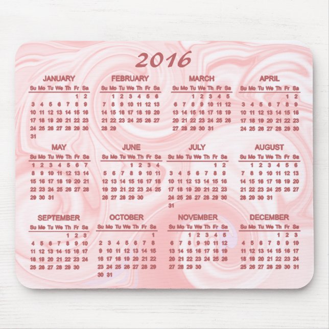 Mousepad Calendário cor-de-rosa do redemoinho 2016 (Frente)