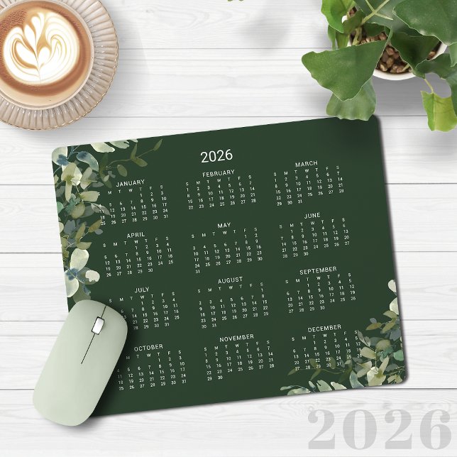 Mousepad Calendário da Mesa Eucalyptus Verde Verde Elegante (2026 Elegant Dark Green Eucalyptus Desk Calendar Mouse Pad)