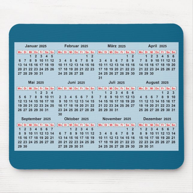 Mousepad Calendário de 12 meses do ano de 2025 (Frente)