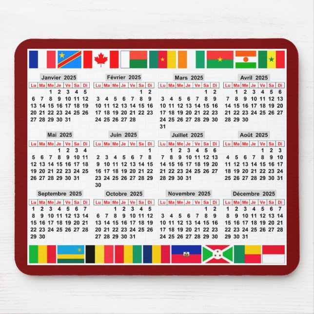 Mousepad Calendário de 12 meses do ano de 2025 (Frente)
