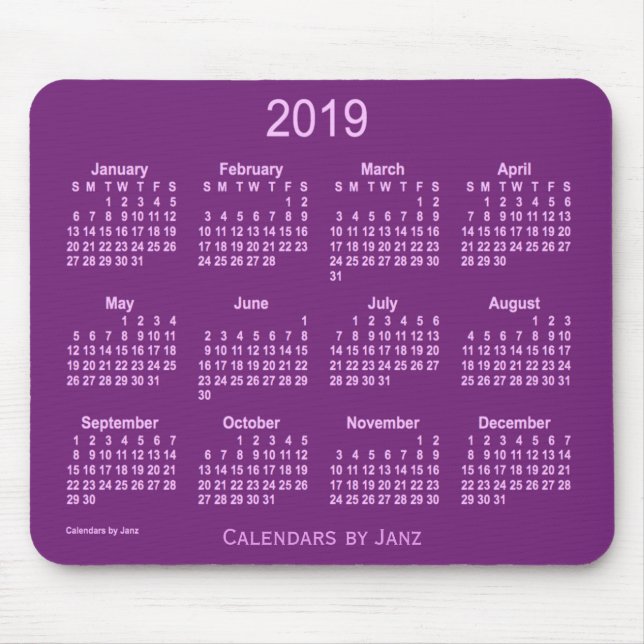 Mousepad Calendário de 2019 roxos pelo tapete do rato de (Frente)
