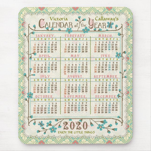 Mousepad Calendário de 2020 anos Art Nouveau vitoriano | Pe (Frente)