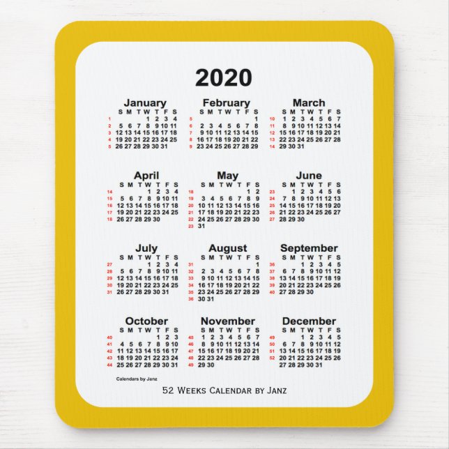 Mousepad Calendário de 2020 Dourado de 252 semanas por Janz (Frente)