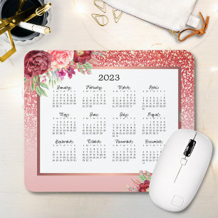 Mousepad Calendário de 2023 do Burgundy Floral Rosa Dourado