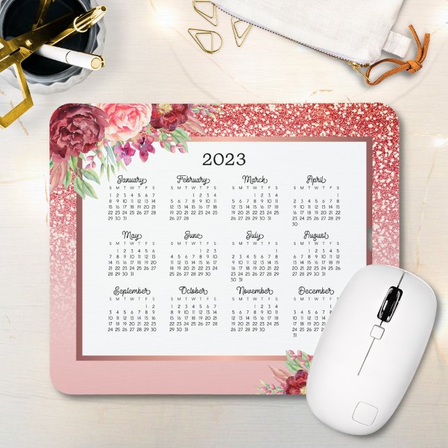 Mousepad Calendário de 2023 do Burgundy Floral Rosa Dourado (Criador carregado)