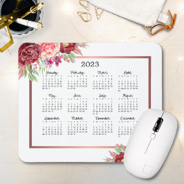 Mousepad Calendário de 2023 do Burgundy Rosa Floral Rosa Do