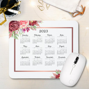 Mousepad Calendário de 2023 do Burgundy Rosa Floral Rosa Do