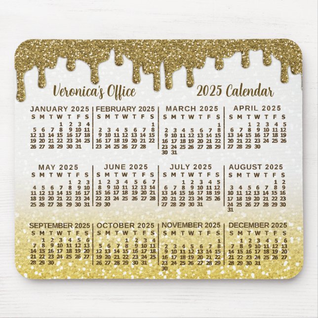 Mousepad Calendário de 2025 Anos Faux Dourado Glitter Drips (Frente)