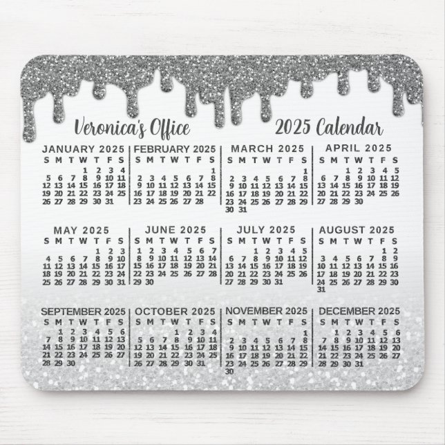 Mousepad Calendário de 2025 Anos Faux Silver Glitter Drips  (Frente)
