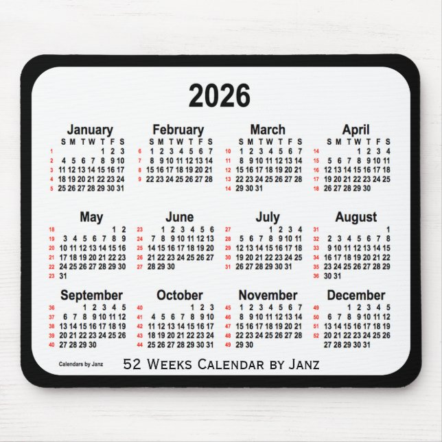 Mousepad Calendário de 2026 Black Two Tone 52 Semanas por J (Frente)