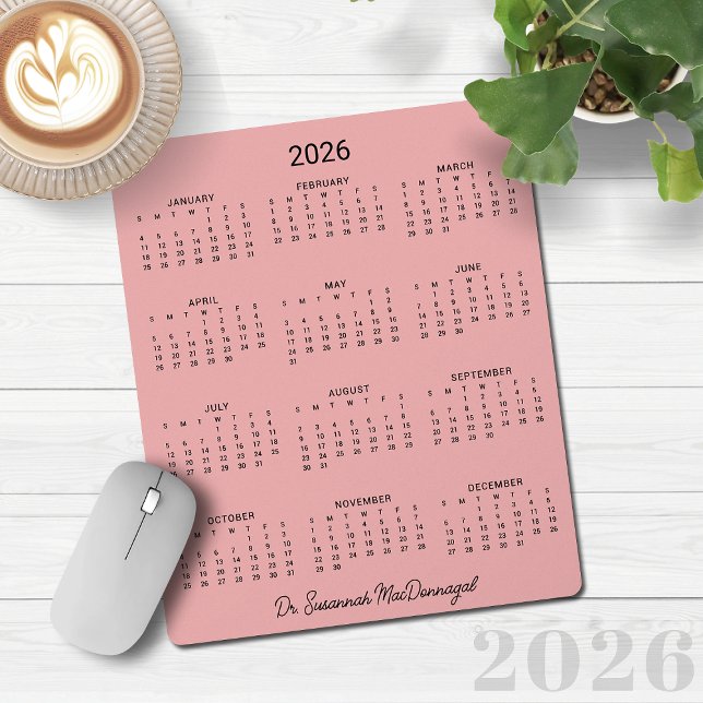 Mousepad Calendário de 2026 da Mesa Mínima Personalizada (2026 Personalized Minimalist Pink Desk Calendar Mouse Pad)