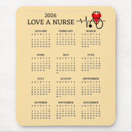 Mousepad Calendário de 2026 do Coração do Estetoscópio Ama 