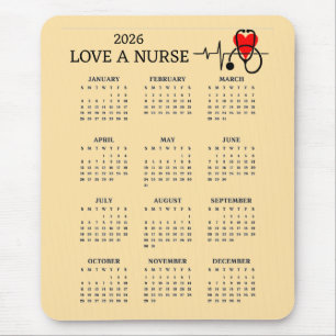 Mousepad Calendário de 2026 do Coração do Estetoscópio Ama