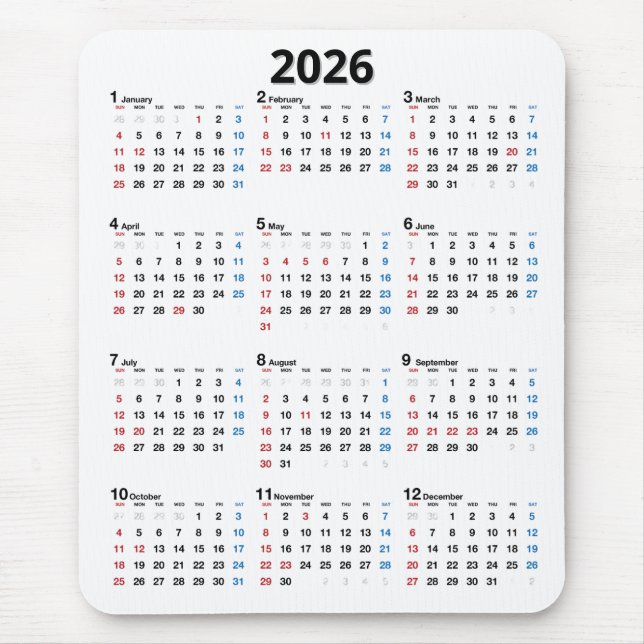 Mousepad Calendário de 2026 em Branco (Frente)