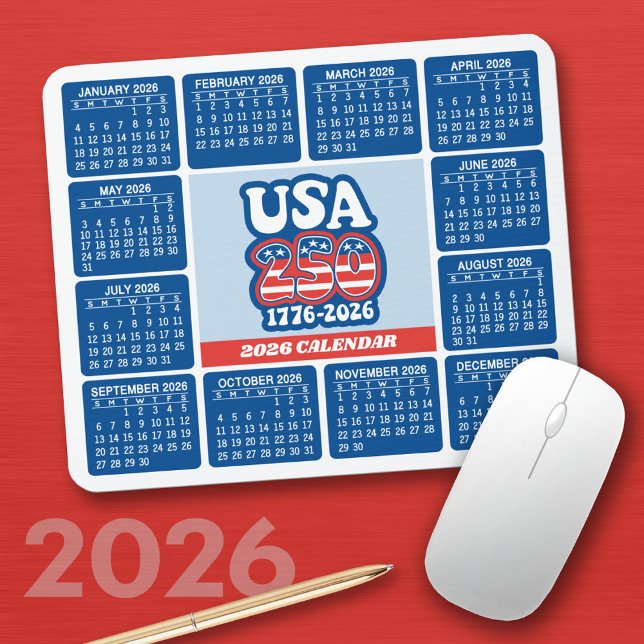 Mousepad Calendário de 2026 - EUA 250 Vermelho Branco Azul (2026 Calendar on a Mousepad)