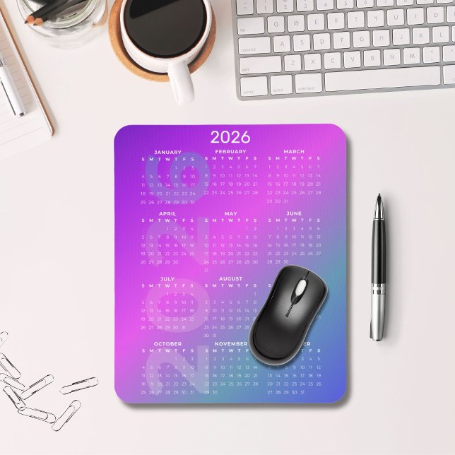 Mousepad Calendário de 2026 Gradiente Vertical de Fundo  (2026 Full Year Calendar Mousepad Pink Blue Gradient)