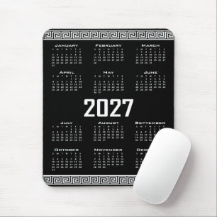 Mousepad Calendário de 2027, Fret Grego, Branco no Preto