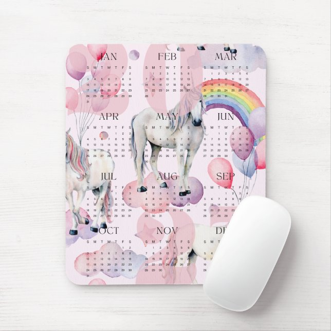 Mousepad Calendário de 2027 para Crianças Unicórnio Arco-ír (Com mouse)