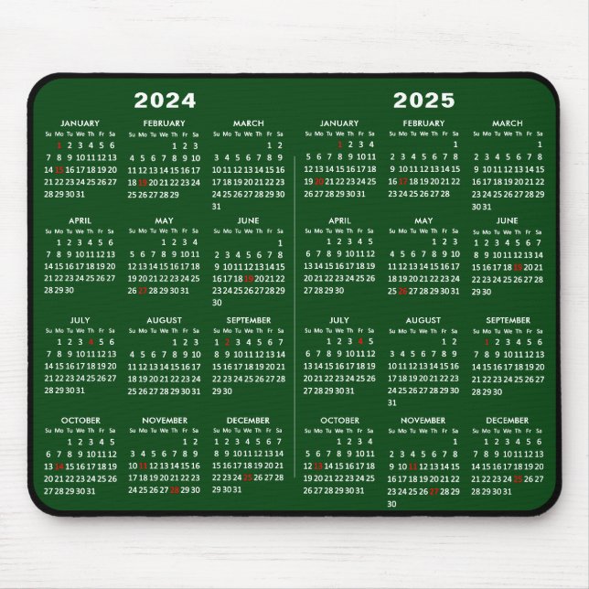Mousepad Calendário de 2 anos 2024-2025 Feriados verdes sim (Frente)