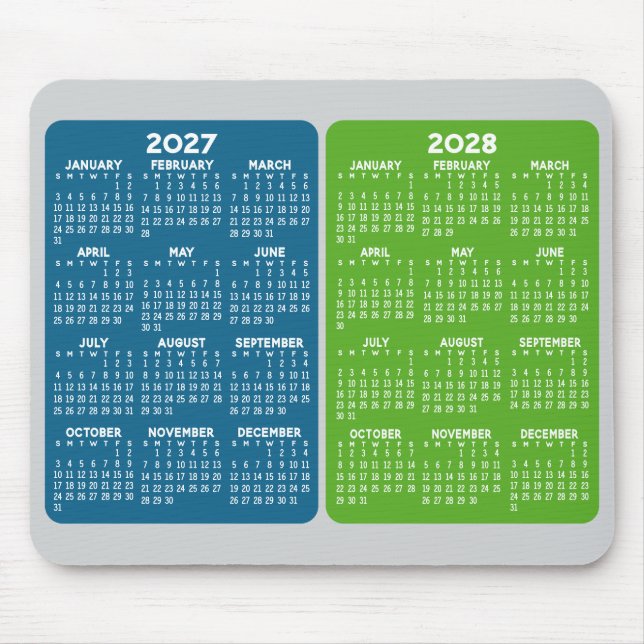 Mousepad Calendário de 2 anos 2027 2028 - vista anual azul  (Frente)