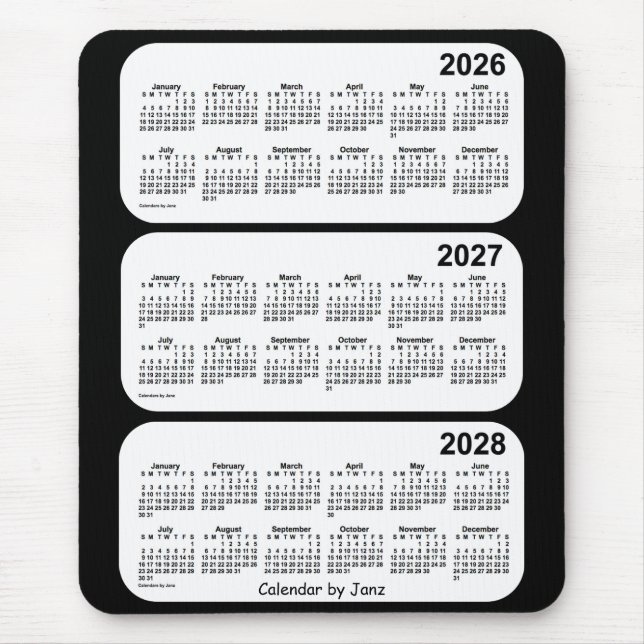 Mousepad Calendário de 3 anos preto e branco 2026-2028 por  (Frente)