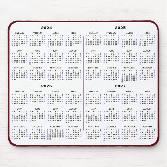 Mousepad Calendário de 4 anos 2024-2027 Feriado vermelho si (Frente)