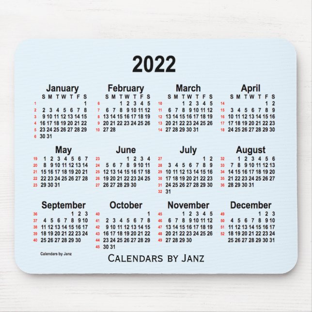 Mousepad Calendário de 52 semanas Alice Blue 2022 por Janz (Frente)