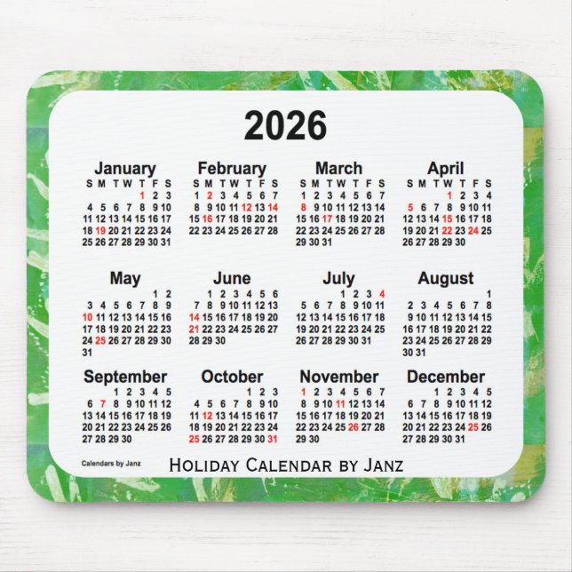 Mousepad Calendário de arte verde de Natal de 2026 pelo mou (Frente)