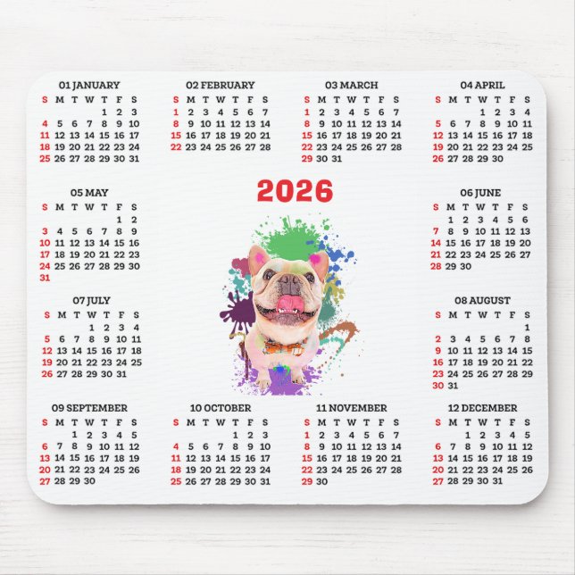 Mousepad Calendário de Cachorro Francês Fofo Engraçado  (Frente)