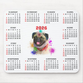 Mousepad Calendário de Cachorro Pug Fofo Personalizável 