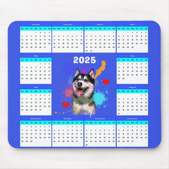 Mousepad Calendário de Cachorro Siberiano Cute Personalizáv (Frente)