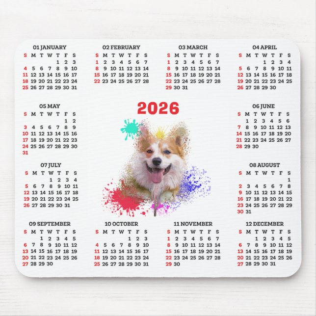 Mousepad Calendário de Cão Corgi Fofo Personalizável (Frente)