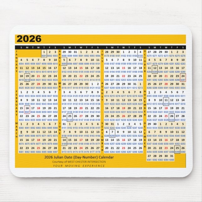 Mousepad Calendário de Data Julián (Número do Dia) de 2026  (Frente)
