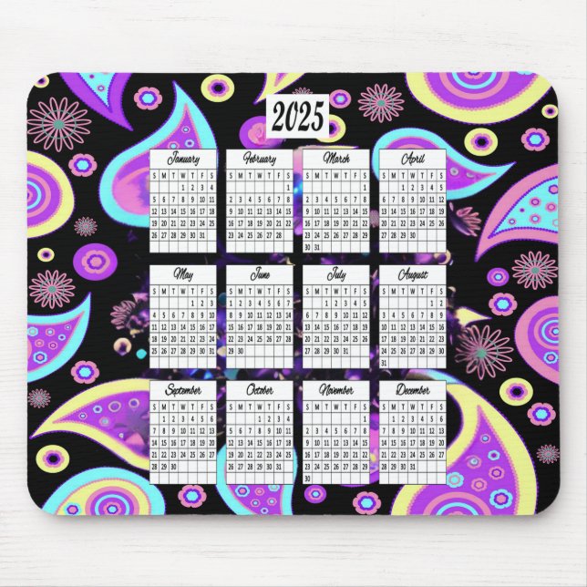 Mousepad Calendário de Design Paisley 2025 (Frente)