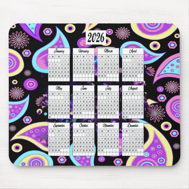 Mousepad Calendário de Design Paisley 2026 (Frente)