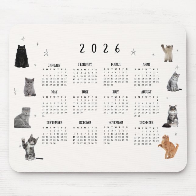 Mousepad Calendário de Gato Engraçado 2026 (Frente)