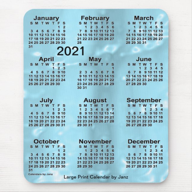 Mousepad Calendário de Impressão Azul-Água 2021 por Janz (Frente)